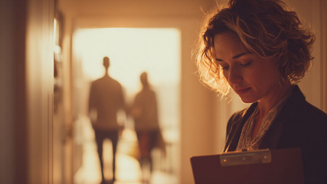 Real estate agent reviewing buyer engagement data on tablet during an open house