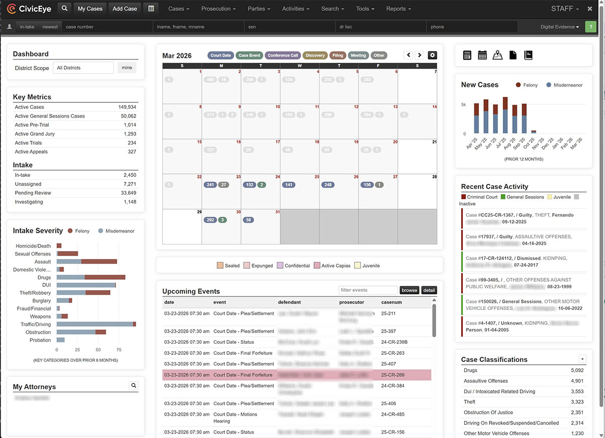 CivicEye criminal justice software for law enforcement, prosecution, and courts &mdash; CJIS-compliant with embedded AI